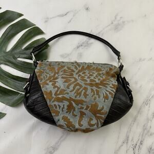 Berge Italy Calf Pony Hair Shoulder Bag Purse Brown Blue Floral Leather Western